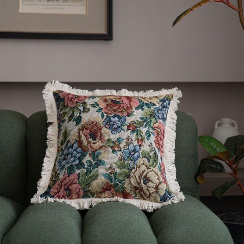 American Style Floral Jacquard Throw Pillow Cover With Tassel Trim Sofa Chair Bed Car Decor 45x45cm 60x60cm