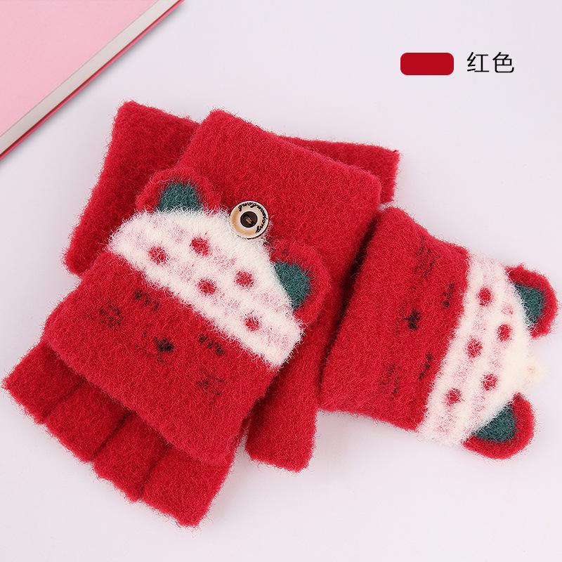 Children's half-finger flip gloves, primary school students write cute cartoon autumn and winter piled thickened warm wool gloves