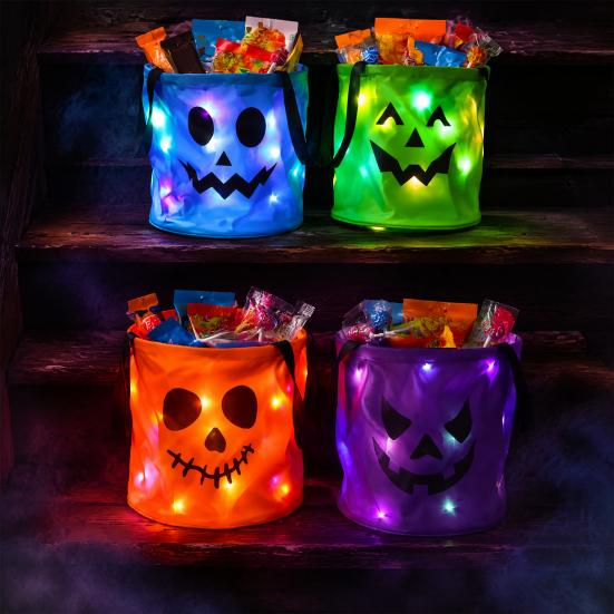 Reusable Holiday Party Favor Bags Halloween Glowing Pumpkin Candy Bag LED Light up Trick or Treat Bucket Lighted Buckets for Kids Waterproof