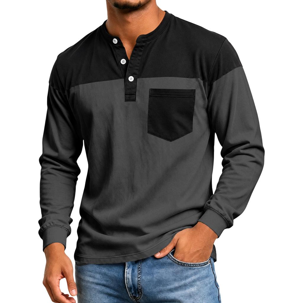 Men's Color Block Long Sleeve Shirt Casual Top for Spring and Fall