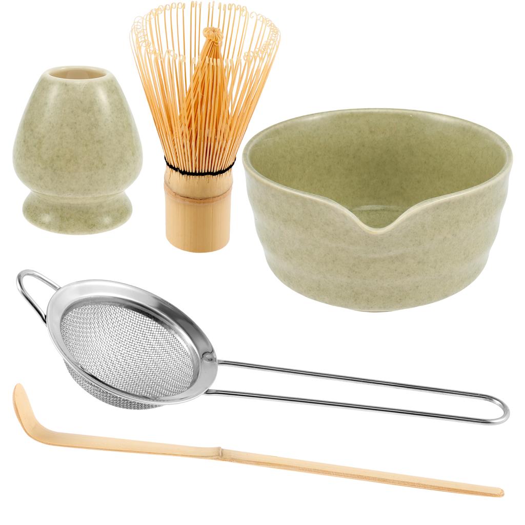 Matcha Besen Set Keramik Matcha Schale mit Ausgießer Matcha Bambusbesen Edelstahl Sieb Keramik Besenhalter Bambuslöffel