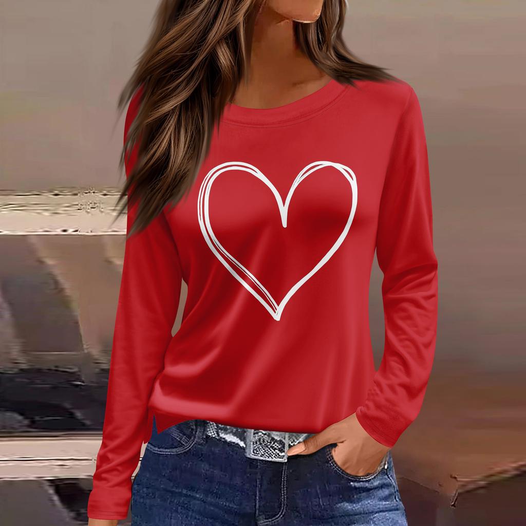 Women's Fashion Casual Slit Hem Round Neck Long Sleeve Loose  Printed T-Shirt Ladies Top