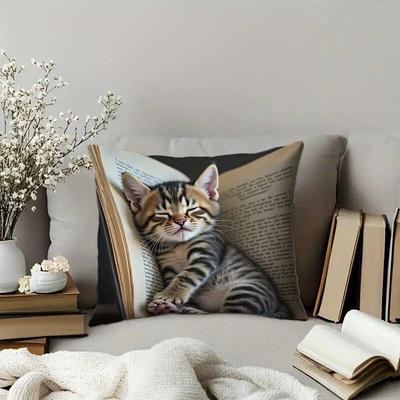 Modern 18x18 Inch One-Sided Print Pillow Cover with Kitten Design for Living Room Accent