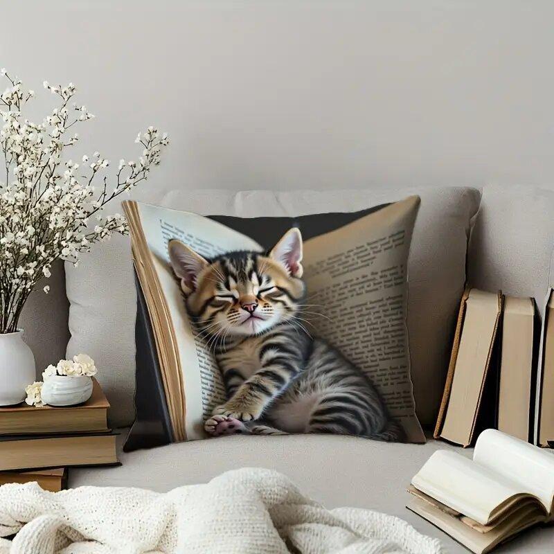 Modern 18x18 Inch One-Sided Print Pillow Cover with Kitten Design for Living Room Accent