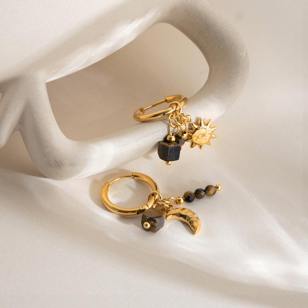 Youthway Vintage Tiger Eye Stone Drop Earrings For Women Asymmetric Moon Star Gold Plated Stainless Steel Earrings Jewelry