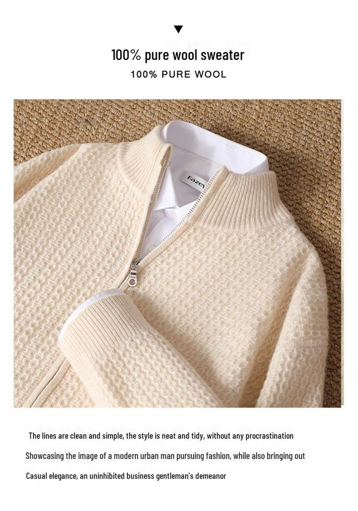 Men's 100% Pure Wool Thickened Half-High Collar Zipper Cardigan Sweater for Autumn/Winter