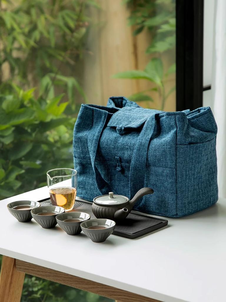Qiaolin Portable Storage Bag Solid Color Travel Tea Cup Pot Organizer Outdoor Cloth Tote Bag