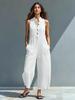 Europäischer und Amerikanischer Damen Ärmelloser Hemdblusen-Jumpsuit aus Leinenmischung mit Weitem Bein