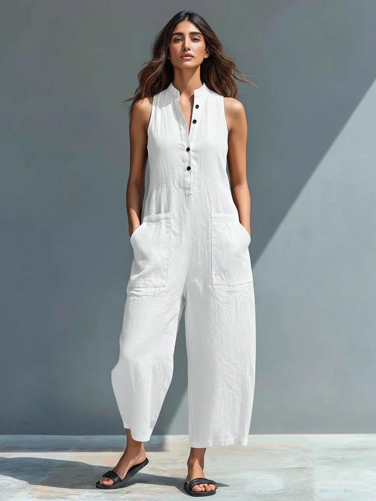 Europäischer und Amerikanischer Damen Ärmelloser Hemdblusen-Jumpsuit aus Leinenmischung mit Weitem Bein