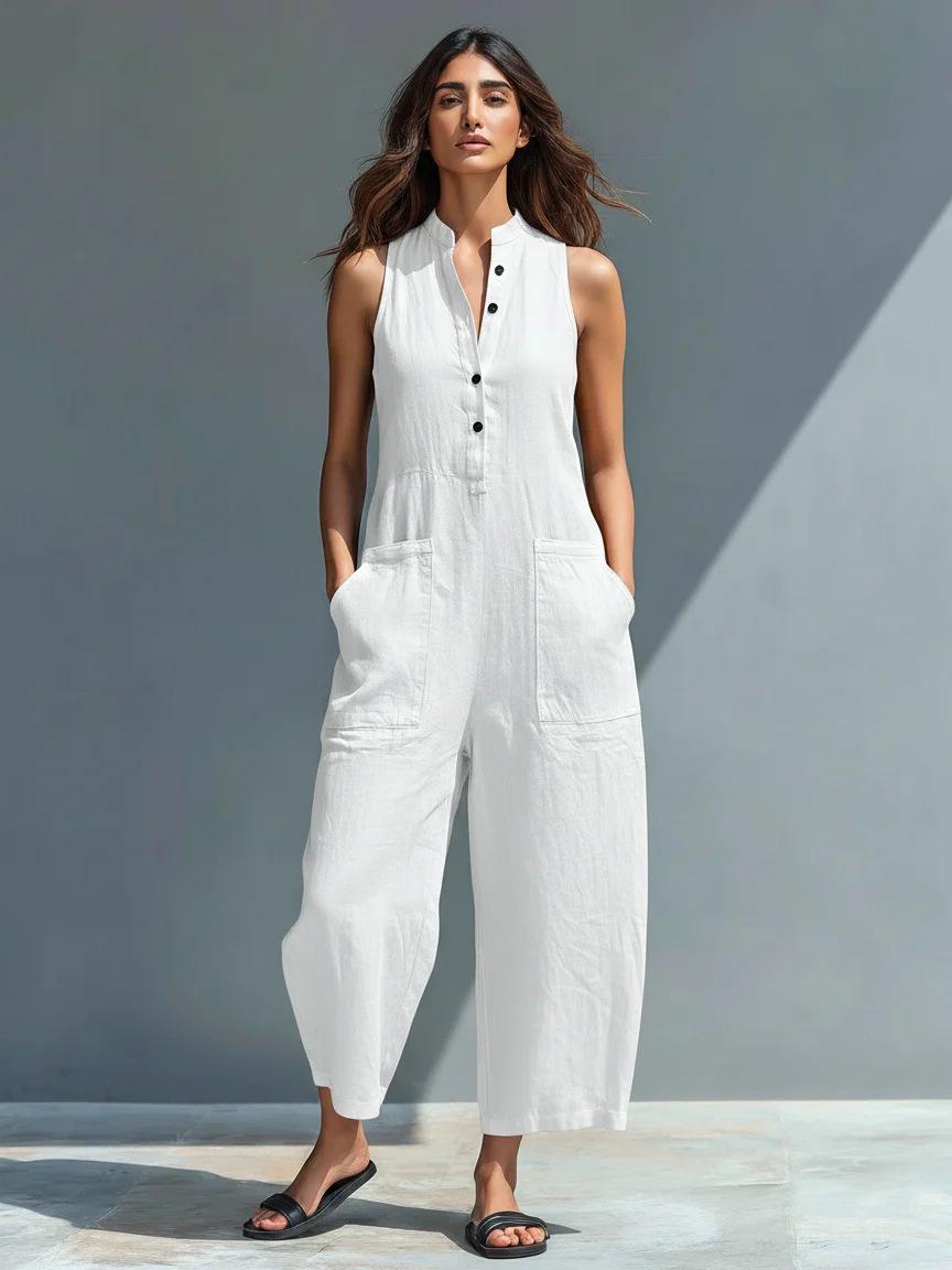 Women s Casual Linen Blend Sleeveless Stand Collar Button-Up Jumpsuit 2XL