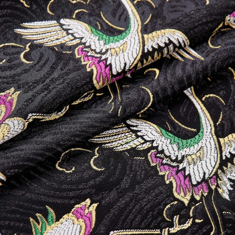 

100x75cm Chinese Style Handmade Silk Satin Fabric Cheongsam Stage Embroidered Tissue Paper Crane Pattern Dress Material 100x75cm
