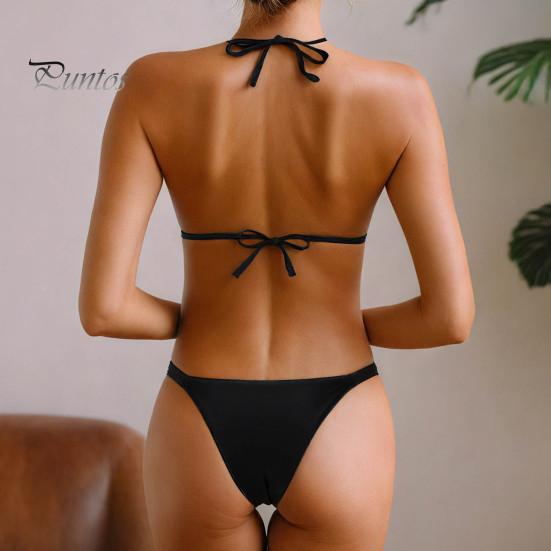 2Pcs/Set Women Bikini Set Sexy Solid Color Halter Bra High Waist Swimming Briefs Set Split Beach Swimwear