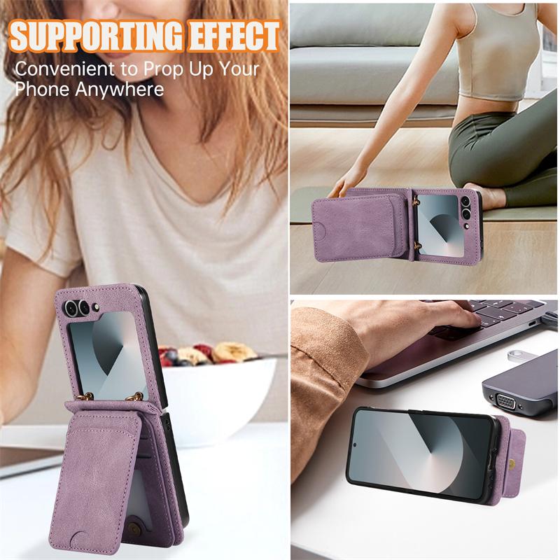 Leather Wallet Card Holder Case for Samsung Galaxy Z Flip 7 6 5 4 3 ZFlip Flip6 Flip5 Flip7 with Crossbody Lanyard Bag Cover