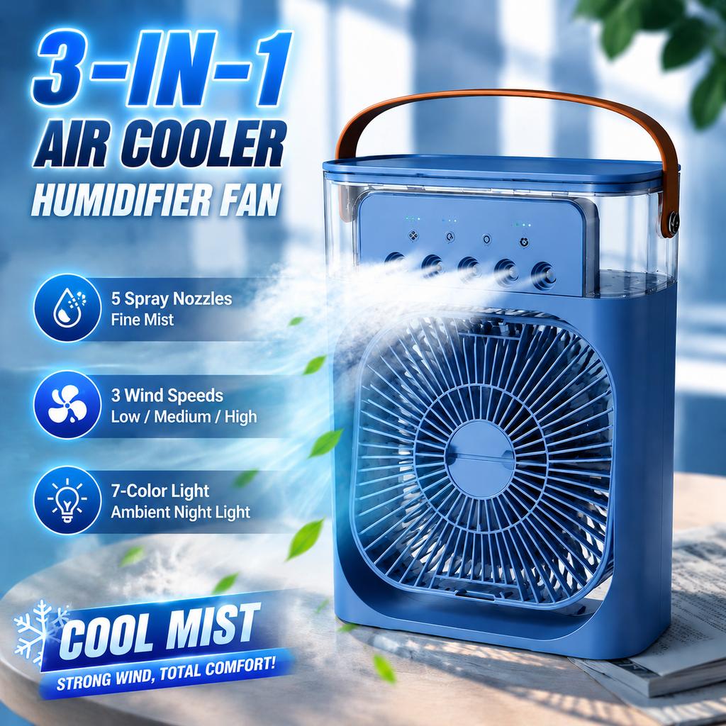 Three-in-one Fan Air Conditioner LED Light Portable Humidifier Air Conditioner Fan 3/4 Wind Speed Outdoor Travel Water Spray Fan