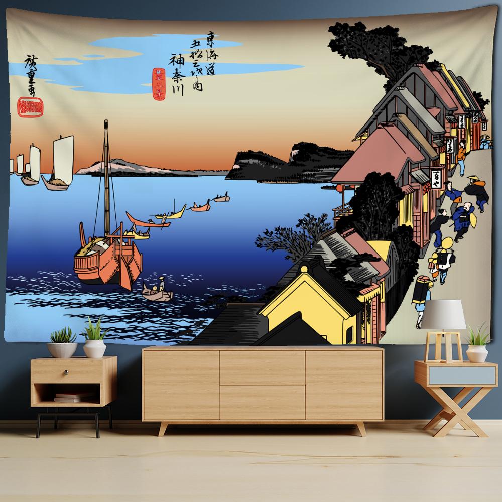 Japanese Illustration Tapestry Wall Hanging Kanagawa Wave Printing Bohemian Hippie Bedroom Home Decor