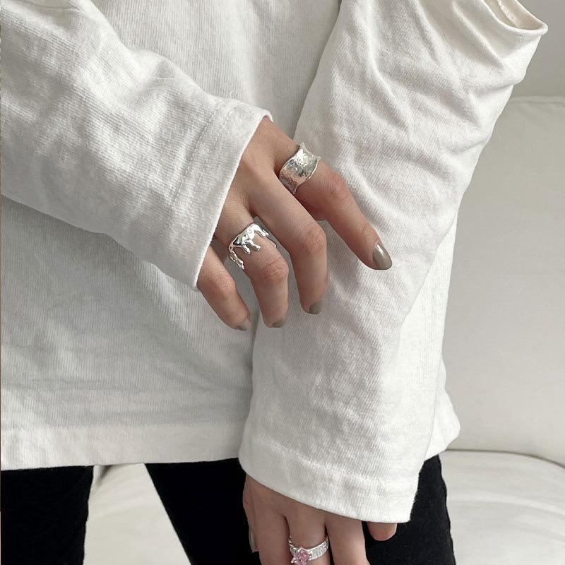 BF CLUB 925 Sterling Rings for Women Simple Geometric Handmade Irregular Retro Wide Ring Allergy For Birthday Party Gift