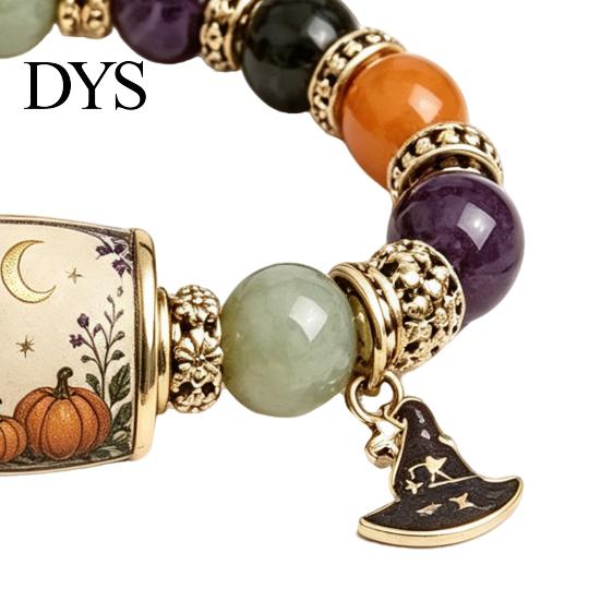 Adjustable Alloy Wristband Halloween Stretch Beaded Bracelet with Gift Box, Black Cat Pumpkin Ghost Stylish Wrist Accessory for Parties Crow