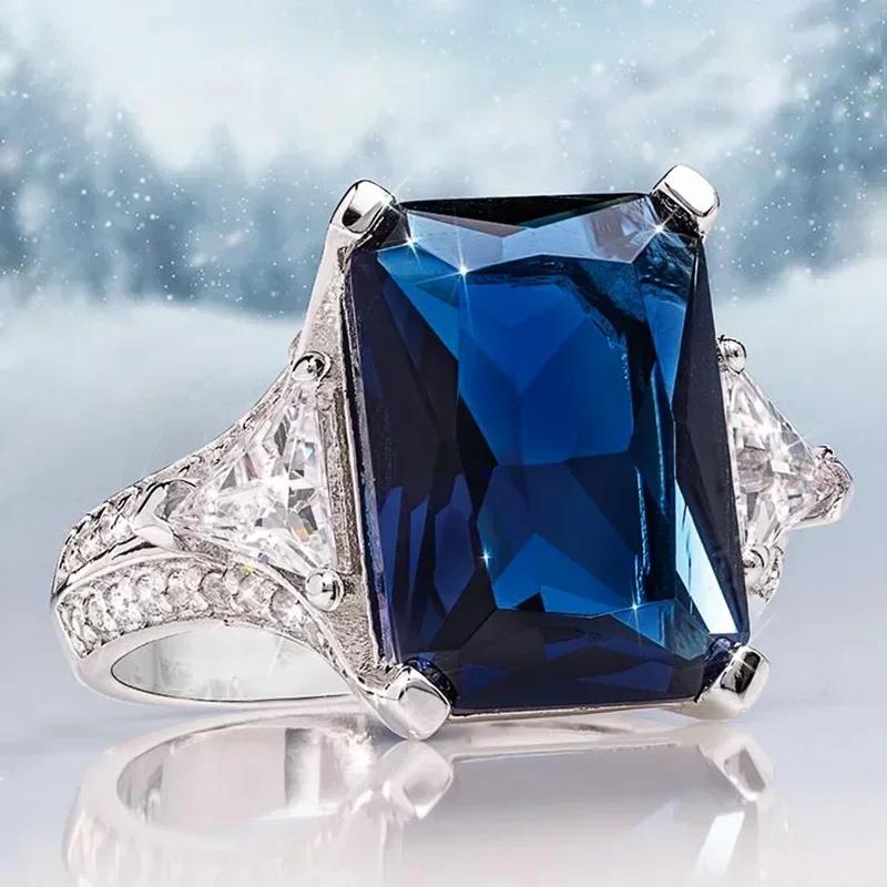 2026 New Blue Cube Zircon Attends Banquet Ring Fashionable, Elegant, High End Women's Bridal Luxury Inlaid Jewelry Accessories