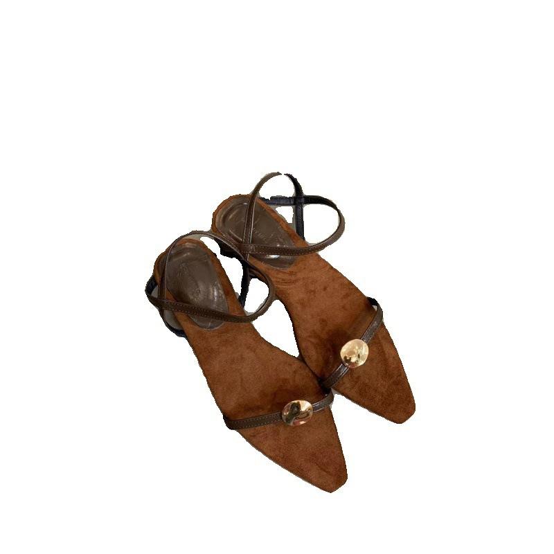 Design Sense Niche Pointed Sandals Women's 2024 Summer French Temperament Retro Brown Open-toed Roman Shoes