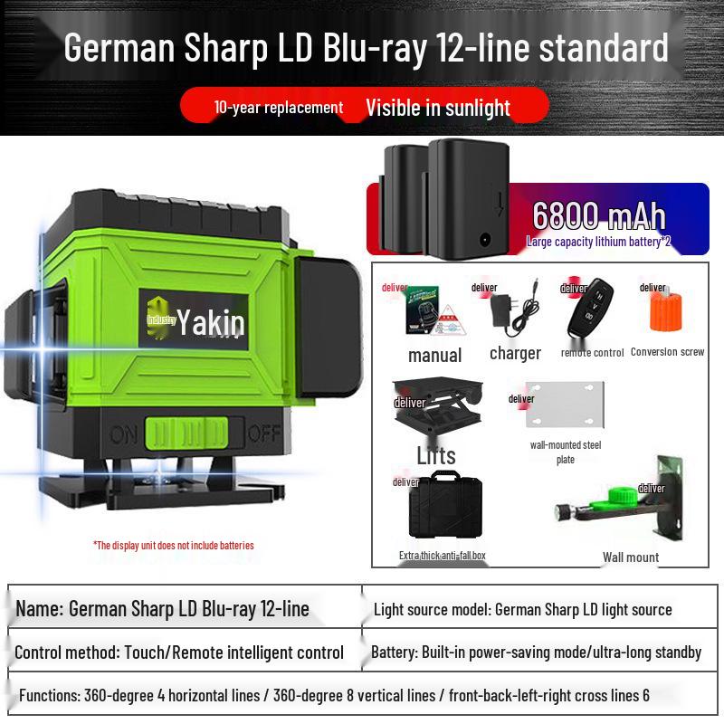 Yajin 16-Line High-Precision Green Laser Level for Wall and Ground, Outdoor-Ready.