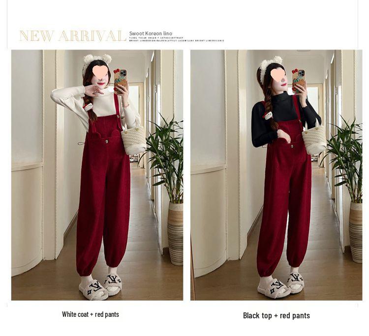 Adjustable Drawstring Maternity Overalls Set with Bubble Sleeve Top for Fall & Winter