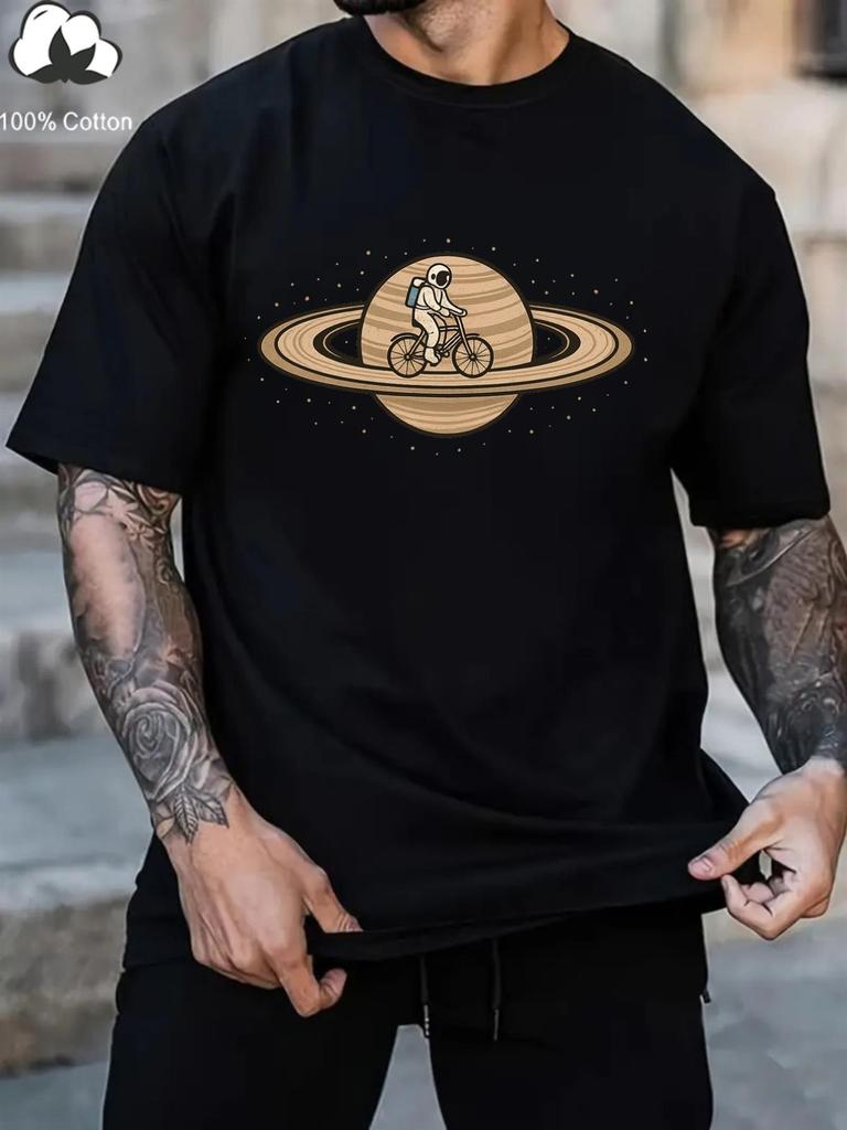 Mens Retro Future Space Bicycle Pattern Tshirt Black Astronaut and Earth Printed Short Sleeve Breathable Casual Street Wear