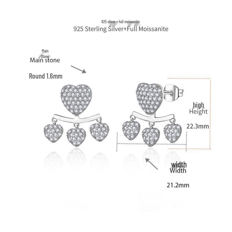 

Серьги-пусеты в виде сердца с двойным слоем муассанитов: Серебро S925, Гипоаллергенный, Покрытие белым золотом 18 карат, Европейский и американский стиль 925 Silver
