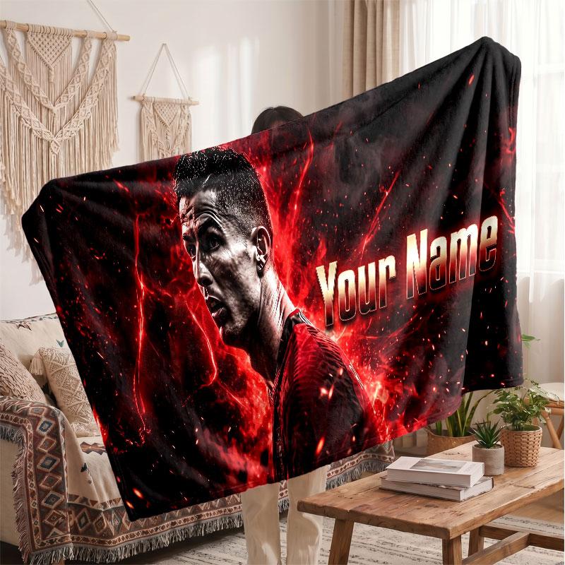 Cristiano Ronaldo Personalized Fleece Blanket With Football Logo, Custom Name Text Soft Warm Home Throw Blanket