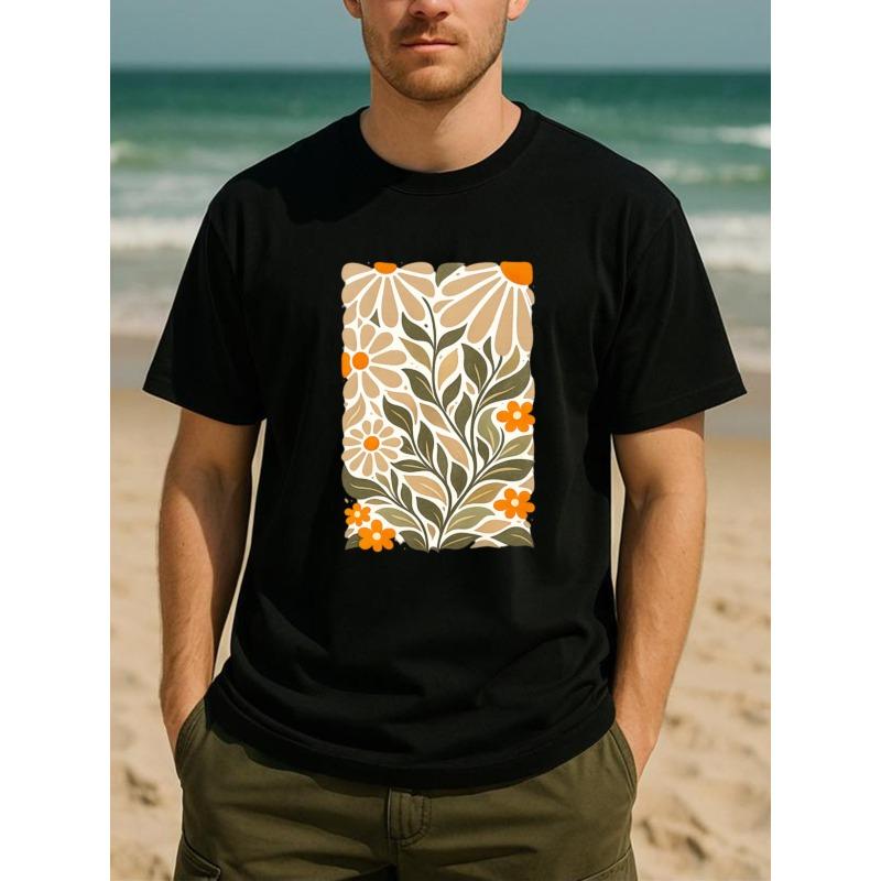 

European Size Retro Floral Illustration | Gentle Retro Style All-season Comfortable T-shirt, Lightweight Round-neck Short-sleeved.Men S T-shirt 4XL чорний