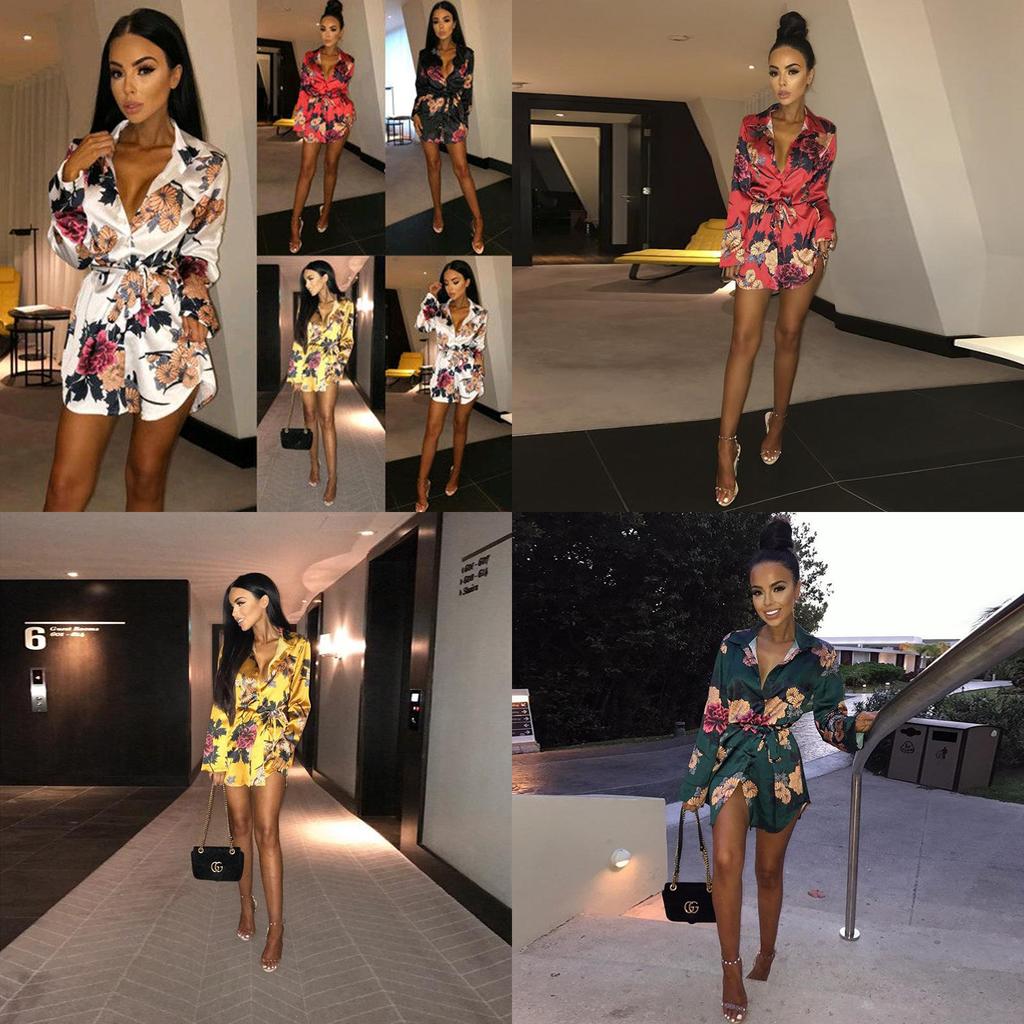 Elegant Women's Fashion Satin Floral Print Shirt Mini Dress Perfect For Casual Occasions