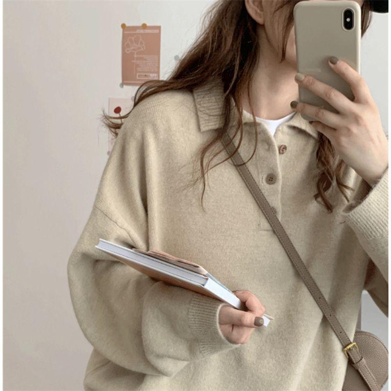 College style loose sweater wearing versatile long-sleeved pullover polo lapel button-knitted bottoming shirt top