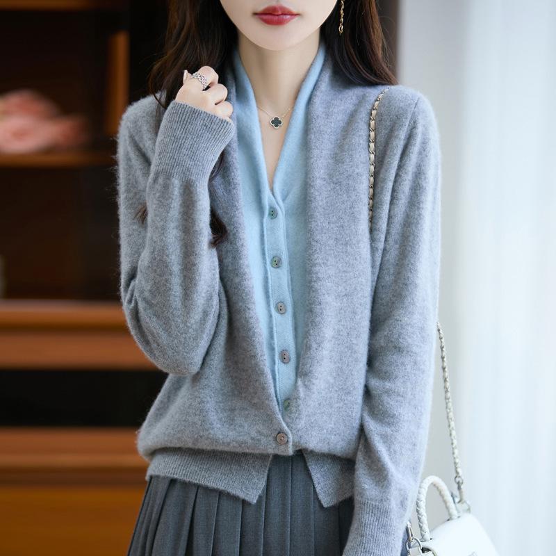 V Yaka Renk Bloklu %100 Yün Örgü Hırka - Sonbahar & Kış İki Parçalı Fransız Günlük Kazak Ceket