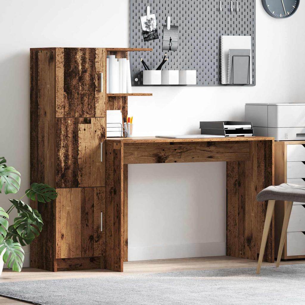 Wooden Desk Set (2 pcs) Reclaimed Wood Look