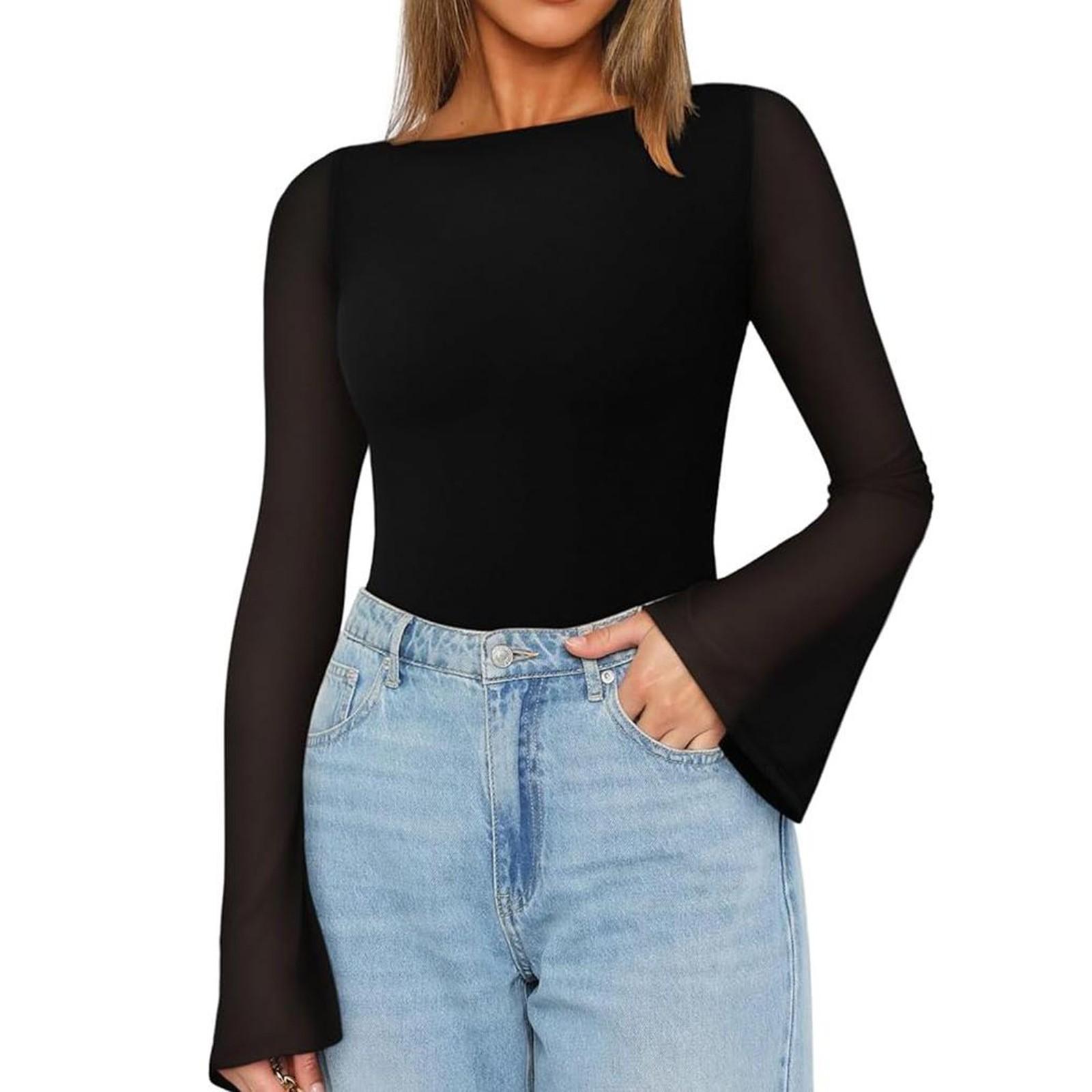 

Женский трендовый сексуальный боди-топ с кружевом и прозрачными вставками и рукавами-трубами L чёрный