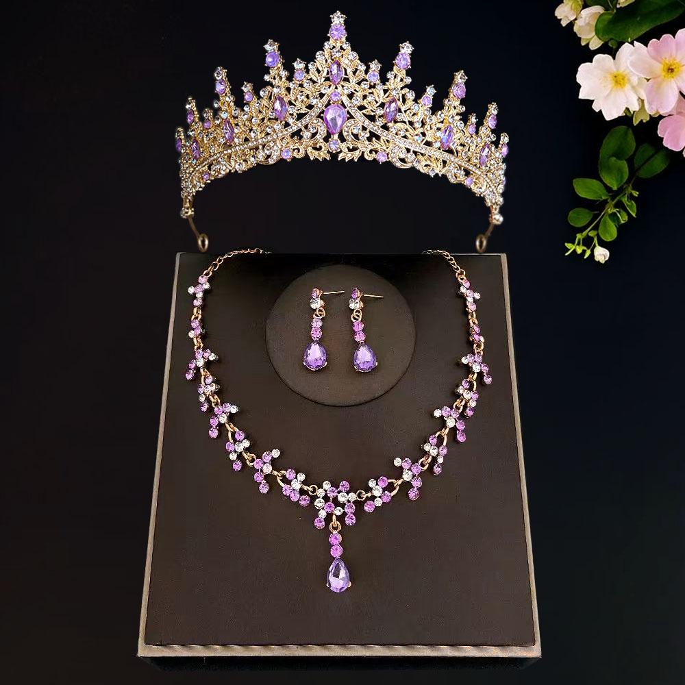 New Bridal Tiara Crown Three Piece Set  Wedding Necklace Earrings Crystal Set  Wedding Accessories