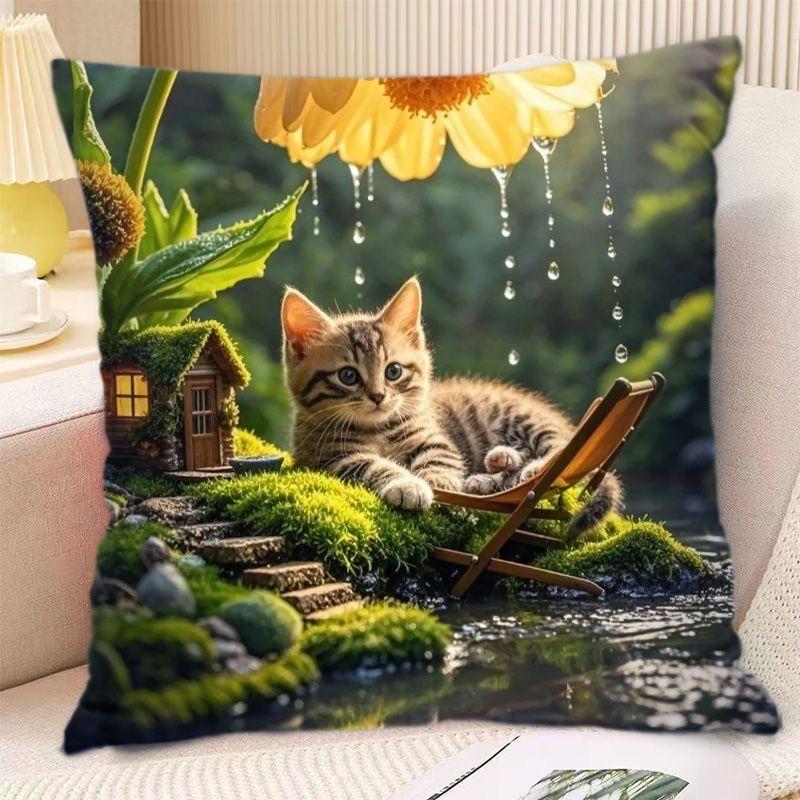 Heimdeko Süße Katzen in Fantasieszenen Kissenbezüge Muster Kissenbezug Geeignet für Sofa Schlafzimmer Auto Kissenbezug