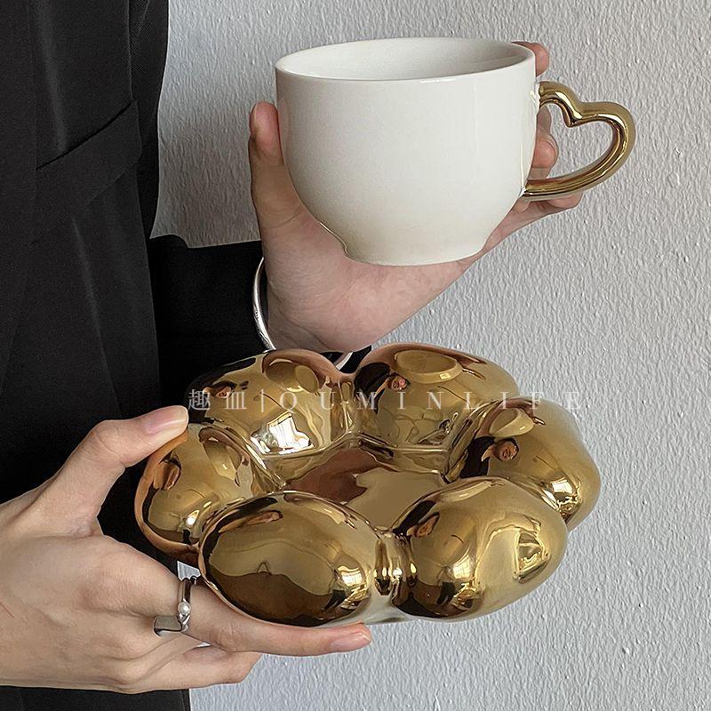 Vergoldete Dicke Keramiktasse Kaffee Cartoon Niedlich Liebestasse Untertasse Frühstück Dessert Haferflockenbecher Paar Trinkwasserbecher Deko