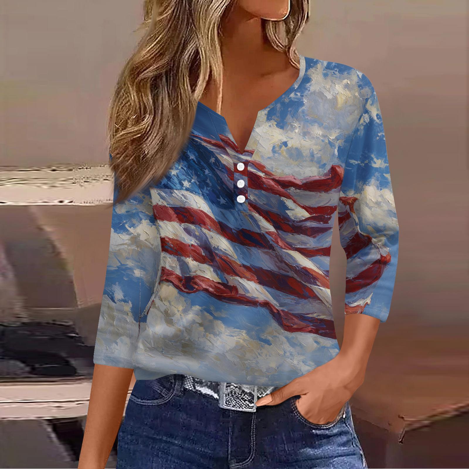 

Women s Fashionable Casual Independence Day American Flag And Stars Print V-neck Short-Sleeved Work Shirt With Double Side Slits And Pockets XL білий