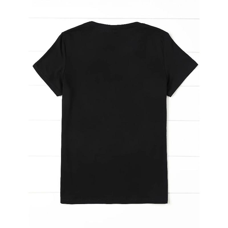 European Size Women'S Black Shiny Red Rose Print T-Shirt - Casual Short Sleeve Round Neck Top with Sparkling Floral Design, Valentine'S Day Outfits