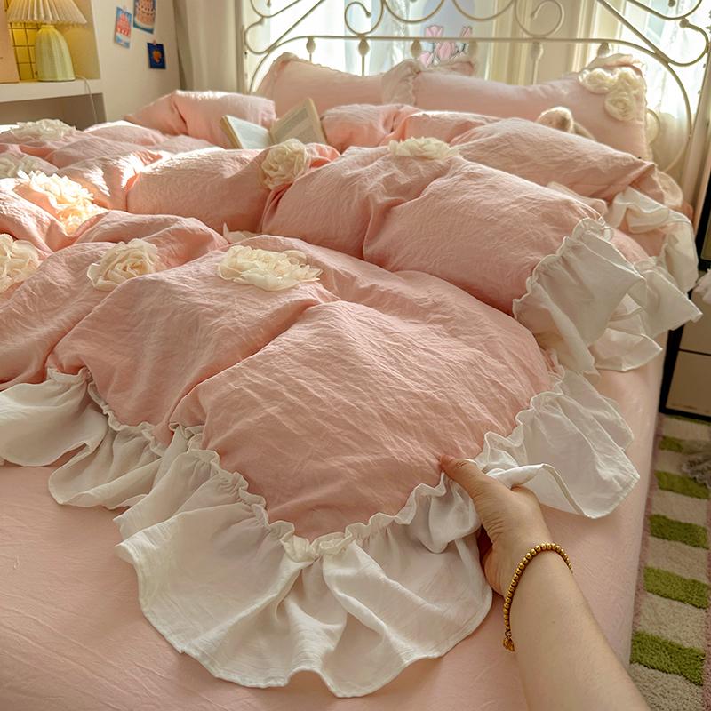 

INS Princess Girls Bedding Sets Solid Color Ruffles Flowers Ivory Duvet Cover Set Pillow Covers Quilt Cover Bed Sheet Sets Flat Bed Sheet&Single150x200 3pcs