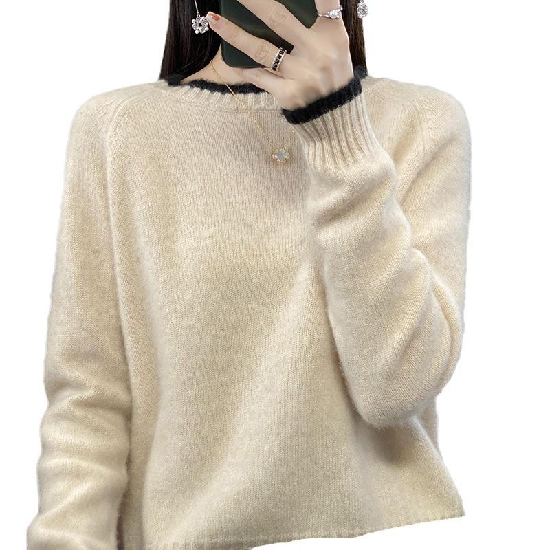 Women's Loose Color Block Cashmere Wool Sweater - Round Neck, Thick, and Stylish for Autumn & Winter