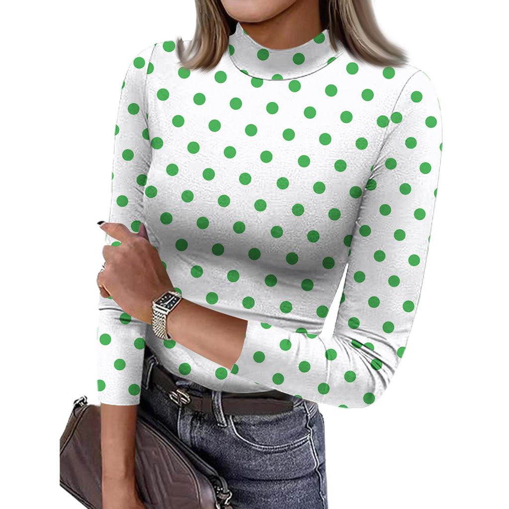 Women's Slim Bottom T-shirt Fashion Casual Polka Dot Printing Round Neck Pullover 3/4 Sleeve Top