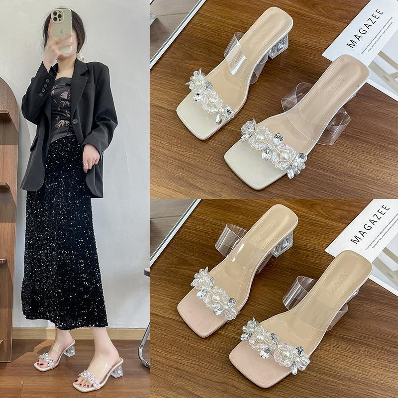 High-heeled Fashion Sandals Women's Summer Wear New Fairy Crystal Diamond-encrusted Word with Transparent Cool Slippers Women