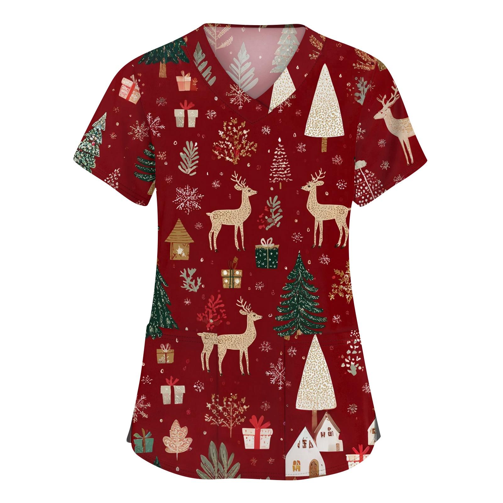 

Женская мода с v-образным вырезом, короткими рукавами и карманами, топы с рождественским принтом XL красный