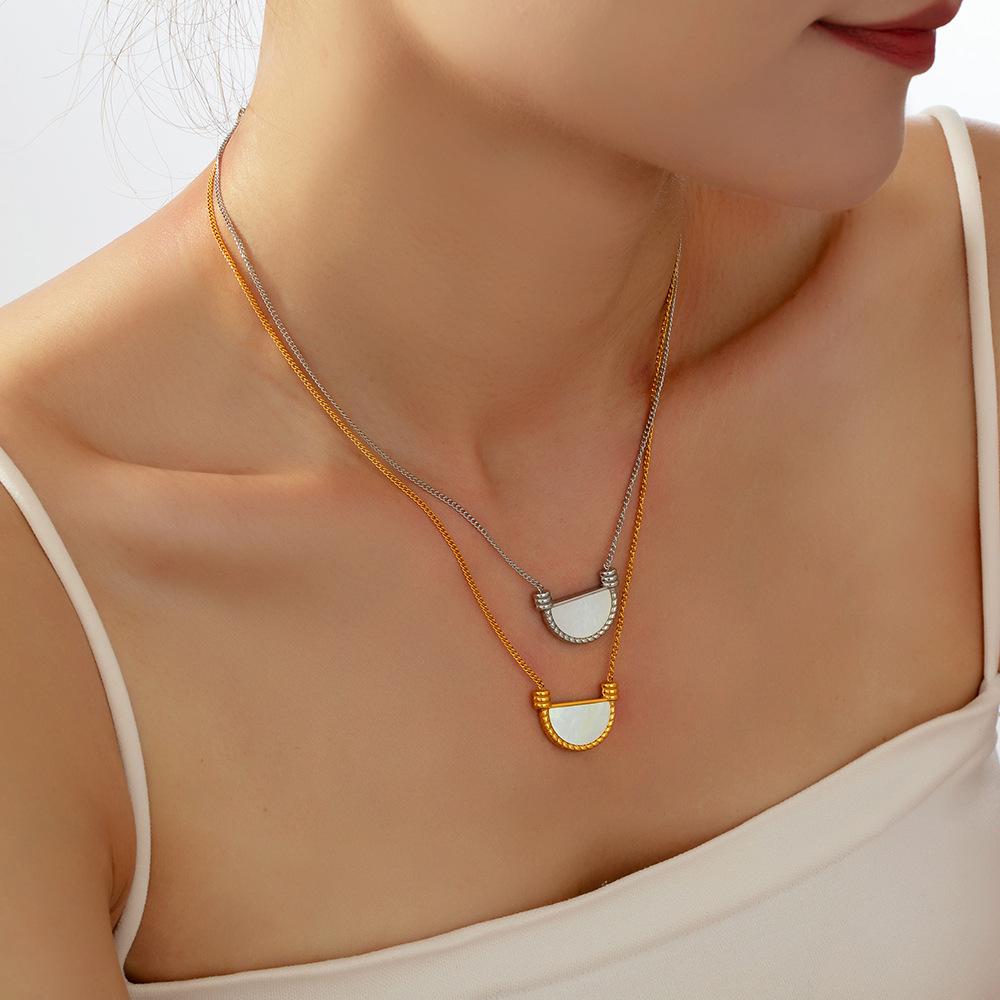 French Retro Geometric White Mother-of-Pearl Pendant Clavicle Chain Earrings In Titanium Steel and 18K Gold for Women