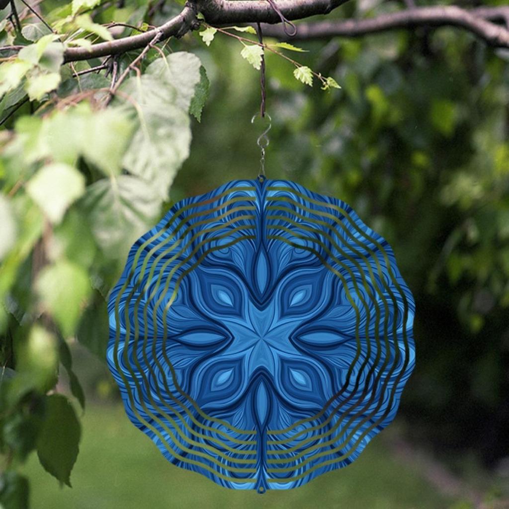 Blauer Metall Windspinner Außenbereich Innenbereich Gartendekor Dynamische wirbelnde Skulptur für Terrasse Hof Hängehaken Kreisdesign Windspiele