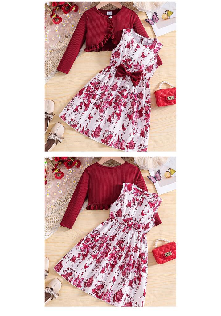 Spring-Autumn Girls' Princess Jacket & Vest Set: Long Sleeve Dress with Printed Vest