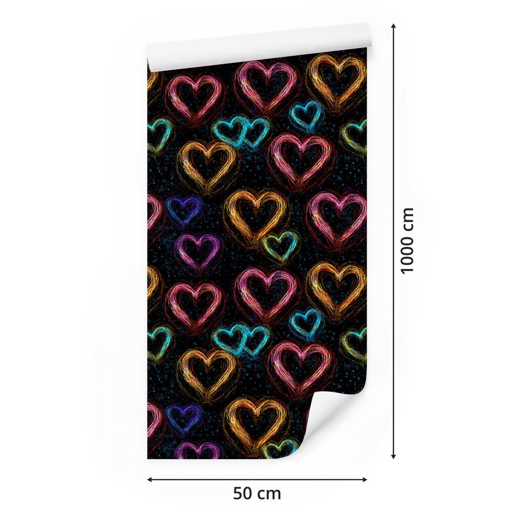 Neon Glitter Hearts Wallpaper Black, Burgundy and Ochre 50x1000