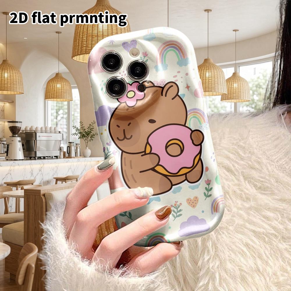Phone Case: 2D Flat Design Suitable for iPhone 18, 17, 16, 15, 14, 13Pro Film Protective Case, Couple Style, Hugging a Sweet Donut Capybara, Christmas