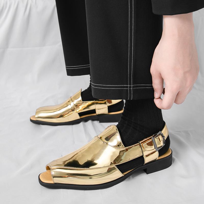 Sandali Gladiatore Estivi da Uomo Oro Argento Punta Aperta Fibbia a Cinturino Pelle Scarpe Casual Traspiranti Sandali da Spiaggia Pantofole da Esterno